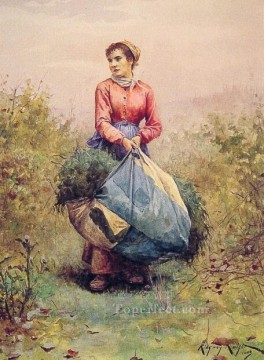  Night Oil Painting - Gathering Leaves countrywoman Daniel Ridgway Knight